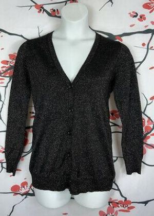 Faded Glory Size L Black Glittery Long Sleeve V-Neck Button Up Cardigan Sweater