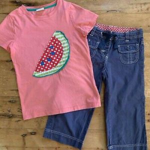 Mini Boden Girls Pink Watermelon T-Shirt & Blue Crop Pants 9-10y Set Outfit